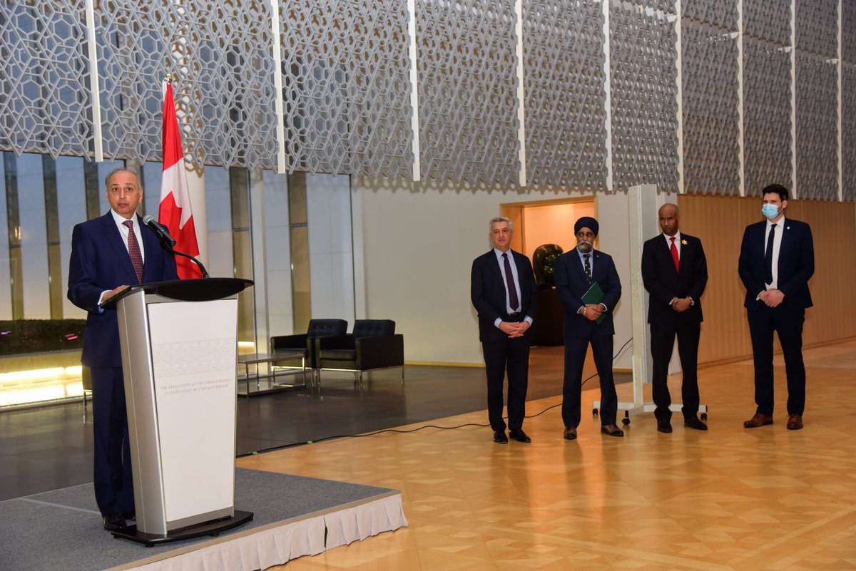 AKDNinCanada's tweet photo. Last week, Dr Mahmoud Eboo, Rep. of the Delegation of the Ismaili Imamat hosted a reception for @Refugees @FilippoGrandi, which included Ministers @HarjitSajjan, @HonAhmedHussen, &amp; @SeanFraserMP to discuss the trilateral collaboration between the @UN system, the Imamat, &amp; Canada. https://t.co/59g8V9zkUh