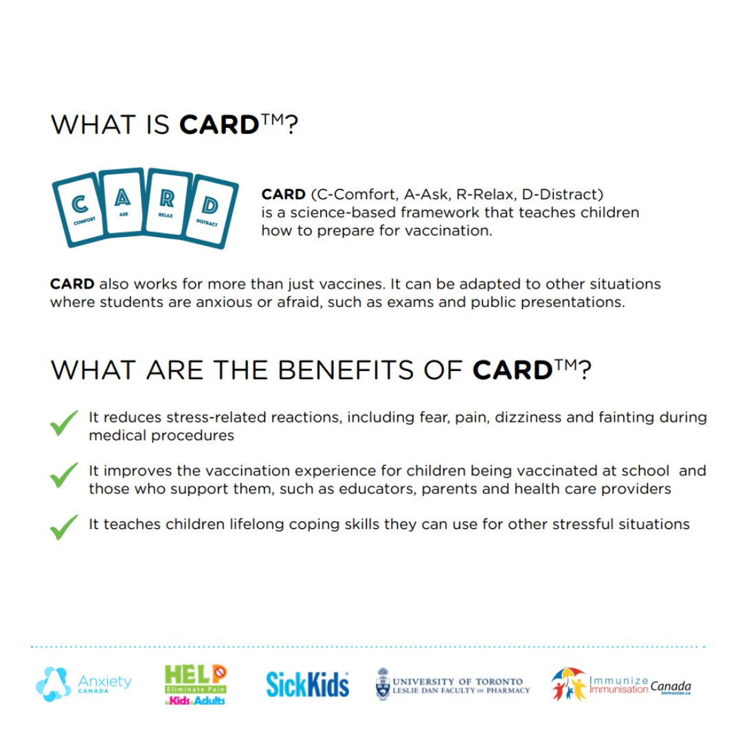 Teachers: Do some of your students have a #fearofneedles? Or are any #anxious about #schoolvaccination programs? The #CARDsystem is a great way to create positive #vaccination experiences for all #students! 

Learn together how to #PlayyourCARDs at anxietycanada.com/cardforeducato…