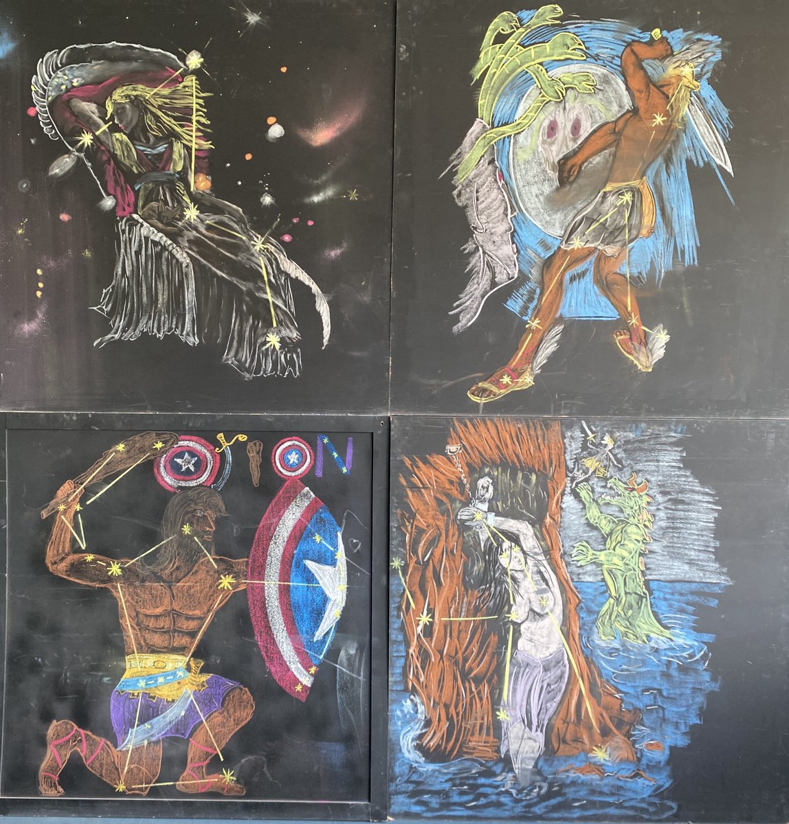 Mukkel25's tweet photo. @MendelNFT 
You asked my interpretation of Mendel art by @Remybondstudio so here it is. I teach about stars and constellations in class and this goes together with story telling about the Greek myths. I make drawings with chalk and encourage the children to draw their own https://t.co/HEr7topVwg