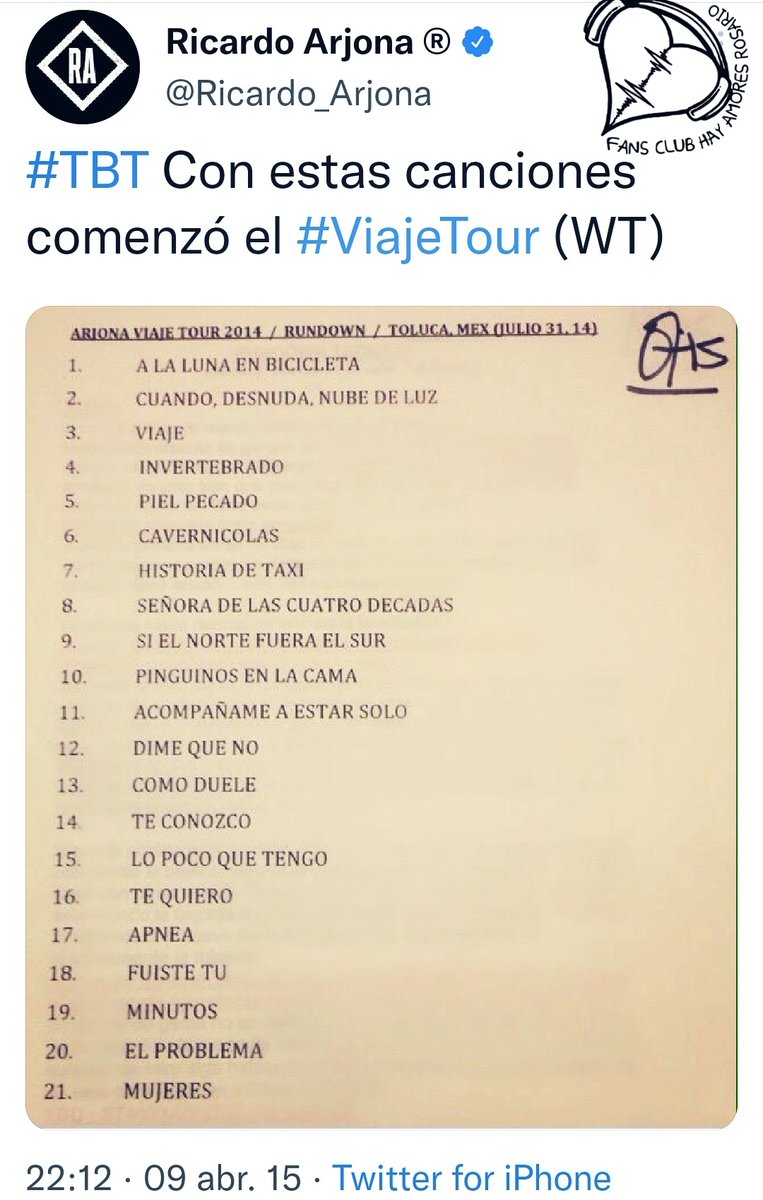 HayAmores_FC's tweet photo. En este #TBT recordamos el repertorio de las canciones con las que comenzó el #ViajeTour @Ricardo_Arjona @InfoMundoArjona https://t.co/374JoNknjm