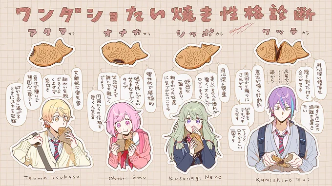 #prsk_FA #プロセカ 
たい焼きの食べ方で性格診断できるのを知ったんですけど
ワンダショ全員当てはまりすぎて狂う🌟🍬🤖🎈 