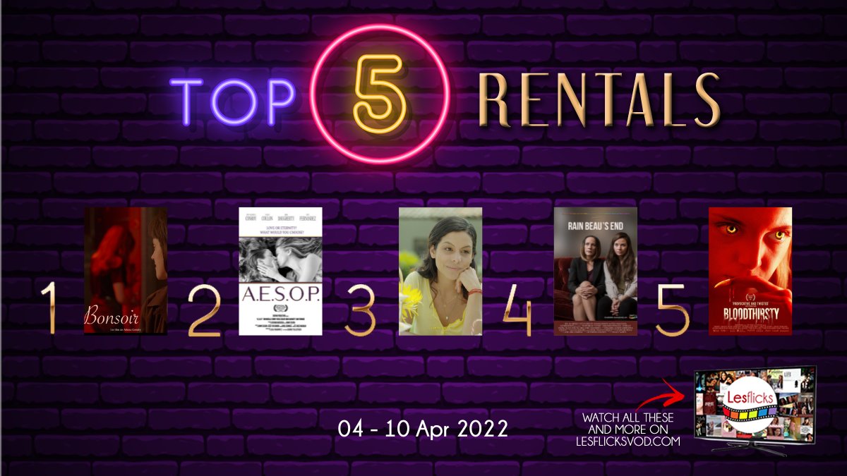 Lesflicks πΏπ³οΈβπhome of #sapphicstoriesonscreen (@lesflicks) on Twitter photo #Top5 most watched rentals on #LesflicksVOD from last week! π₯π³οΈβπ
1. Bonsoir
2. AESOP
3. That's How I Leave You
<a href="/laralejalara/">Alejandra Lara</a>
4. Rain Beau's End
<a href="/RainBeausFilm/">Rain Beau's End</a>
5. Bloodthirsty
@AmeliaDMoses
β‘οΈ bit.ly/3fWHvJM #Top5 most watched rentals on #LesflicksVOD from last week! π₯π³οΈβπ
1. Bonsoir
2. AESOP
3. That's How I Leave You
<a href="/laralejalara/">Alejandra Lara</a>
4. Rain Beau's End
<a href="/RainBeausFilm/">Rain Beau's End</a>
5. Bloodthirsty
@AmeliaDMoses
β‘οΈ bit.ly/3fWHvJM