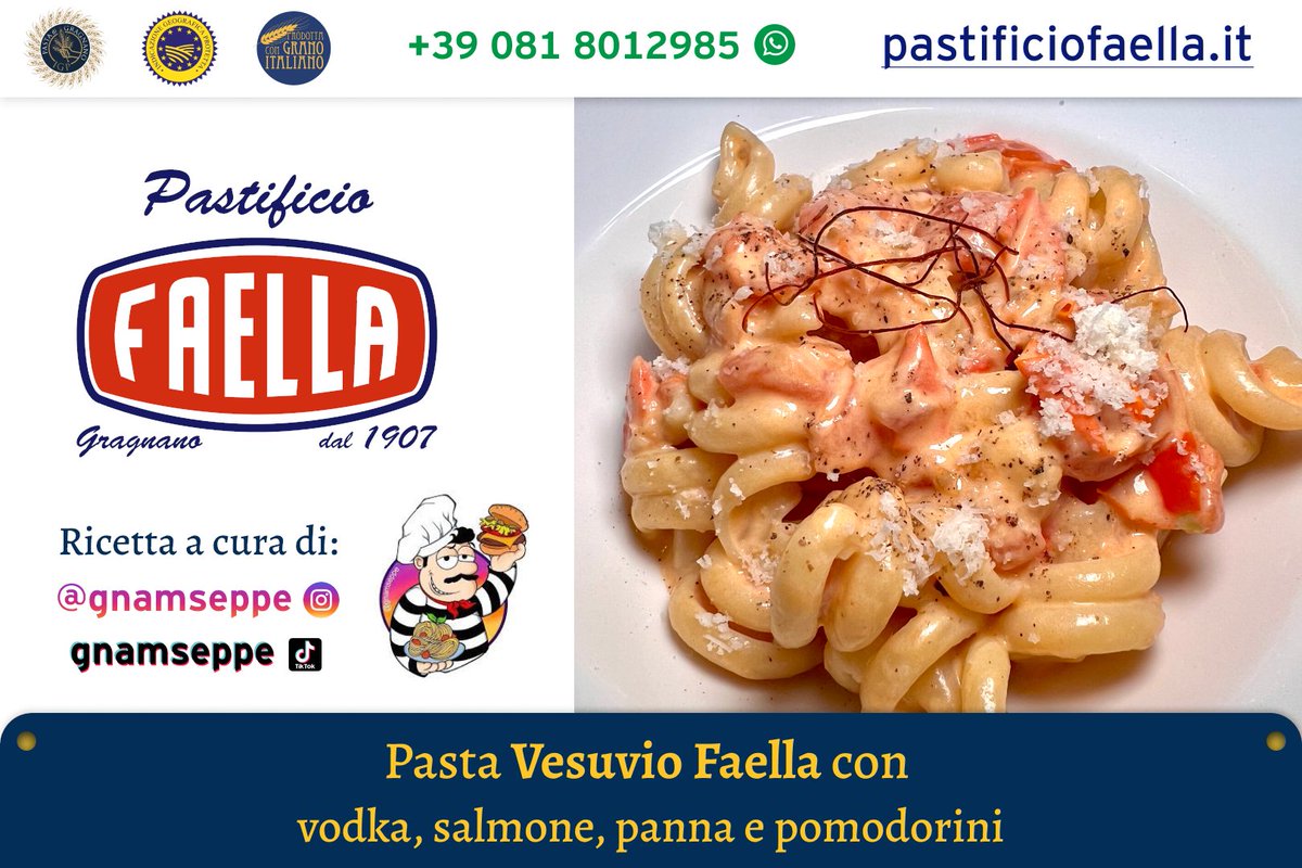 Puoi acquistare la #PastaDiGragnanoIGP Gemelli sul nostro sito web: pastificiofaella.it

Ingredienti per 2-3 persone: 
• 250g di Pasta tipo Vesuvio 
• 100g di salmone affumicato 
• 150g di pomodorini 
• 100ml panna da cucina 
• Cipolla, burro qb
• Mezza tazzina vodka😋