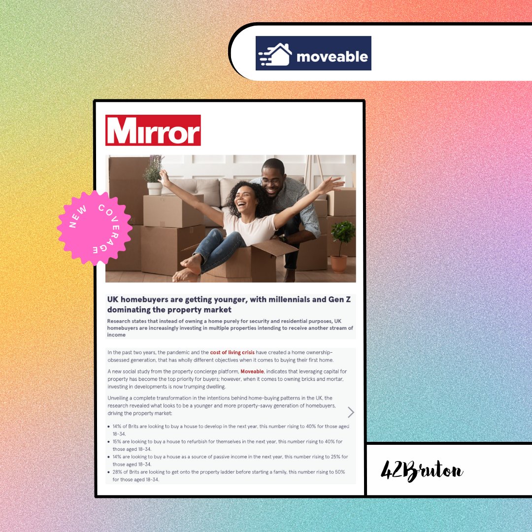 ➡️ Check out this exciting new feature for our client <a href="/moveableuk/">Moveable</a>! 
 
The <a href="/DailyMirror/">The Mirror</a> published this exclusive piece based on our client’s latest research on this year’s generation of homebuyers.
 
Read the piece here 👇
mirror.co.uk/money/uk-homeb…

#PublicRelations #PRagency