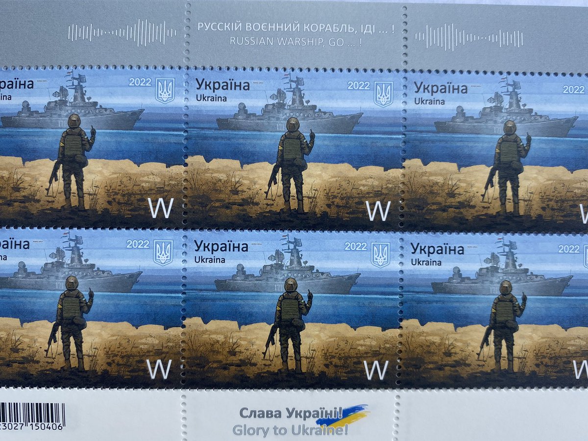 richardgaisford's tweet photo. Russia’s flagship ‘Moskva’, now seriously damaged or even sunk, features on a new stamp issued today in Ukraine. Coincidence, perhaps. The scene captures the famous incident off Snake Island, as Ukrainian soldiers radioed “Russian warship, Go F*** Yourself” before it opened fire. https://t.co/0ujRcL3ylT