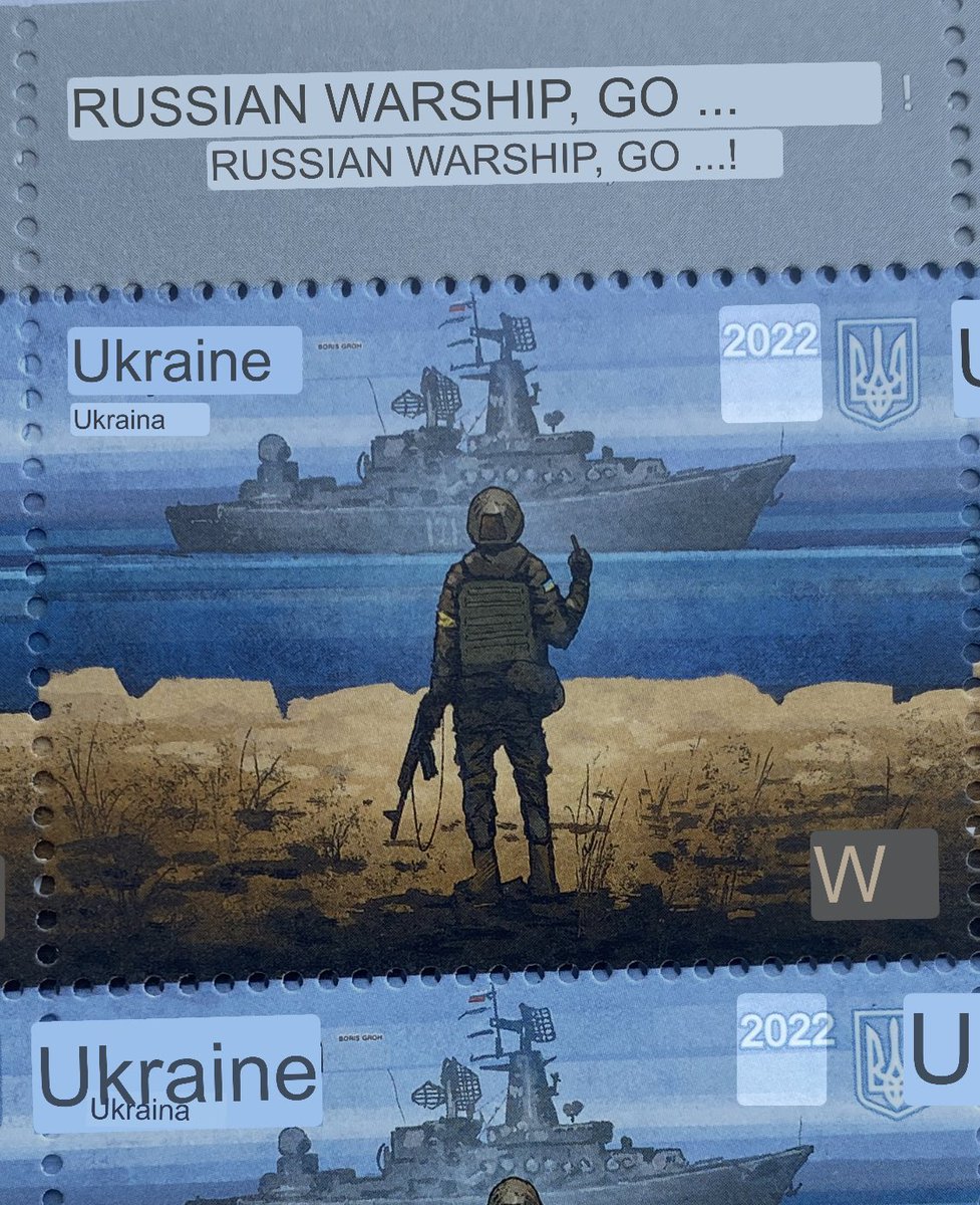richardgaisford's tweet photo. Russia’s flagship ‘Moskva’, now seriously damaged or even sunk, features on a new stamp issued today in Ukraine. Coincidence, perhaps. The scene captures the famous incident off Snake Island, as Ukrainian soldiers radioed “Russian warship, Go F*** Yourself” before it opened fire. https://t.co/0ujRcL3ylT