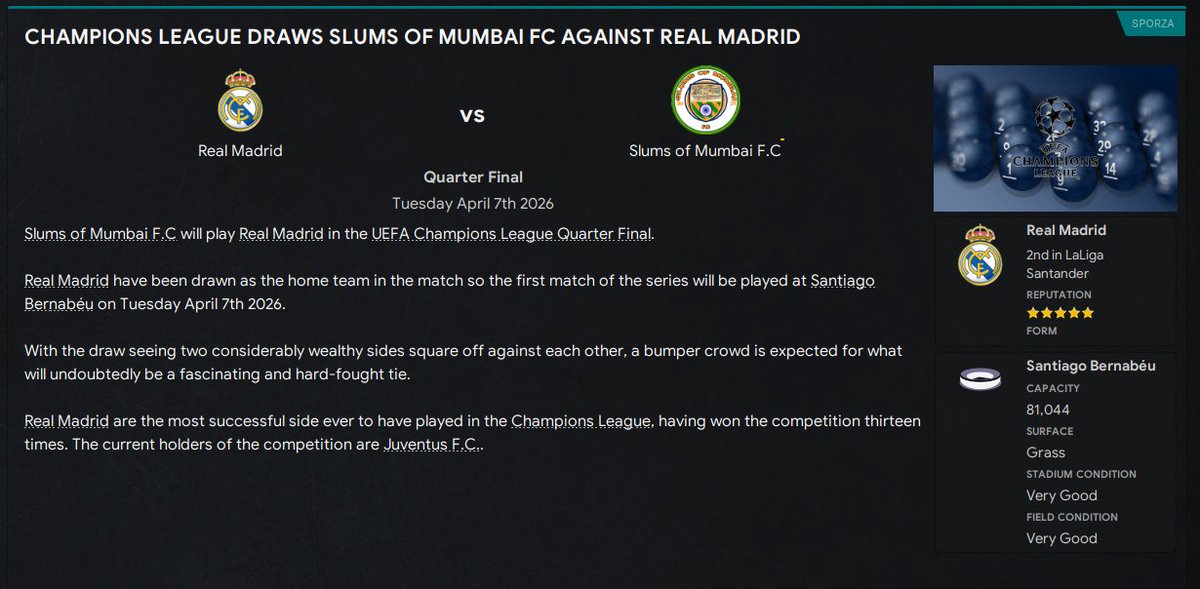 SlumsOfMumbaiFC's tweet photo. We will play Real Madrid in the Quarter Finals of the UEFA Champions League. https://t.co/ZUbQvTuigr