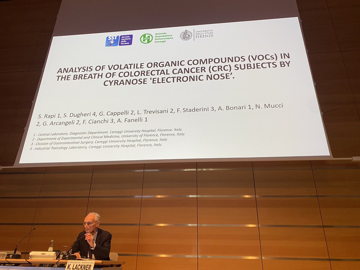 KennethWWitwer's tweet photo. Final talk in the New diagnostic approaches session at #EuroMedLab is from A. Bonari: using breath volatile organic compounds to screen for #cancer @_EFLM @IFClinChem #DGKL https://t.co/7l1ktWqA1w