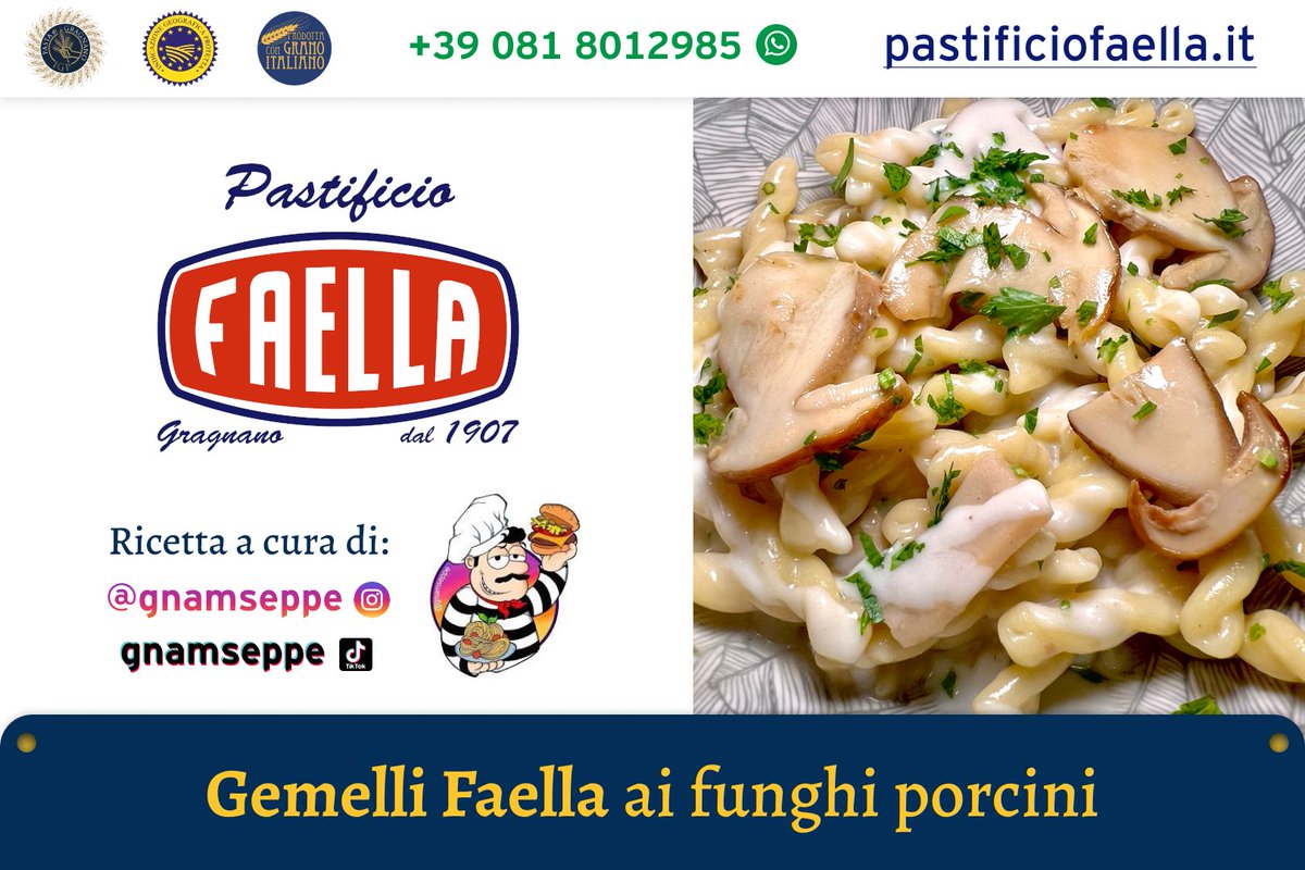 Puoi acquistare la #PastaDiGragnanoIGP Gemelli sul nostro sito web: pastificiofaella.it

Ingredienti per 2-3 persone: 
• 250g porcini 
• Scalogno 
• 30g burro 
• 1 cucchiaio di farina 
• 125ml latte 
• 100-120g parmigiano 
• 1 spicchio aglio 
• Olio, prezzemolo q.b.