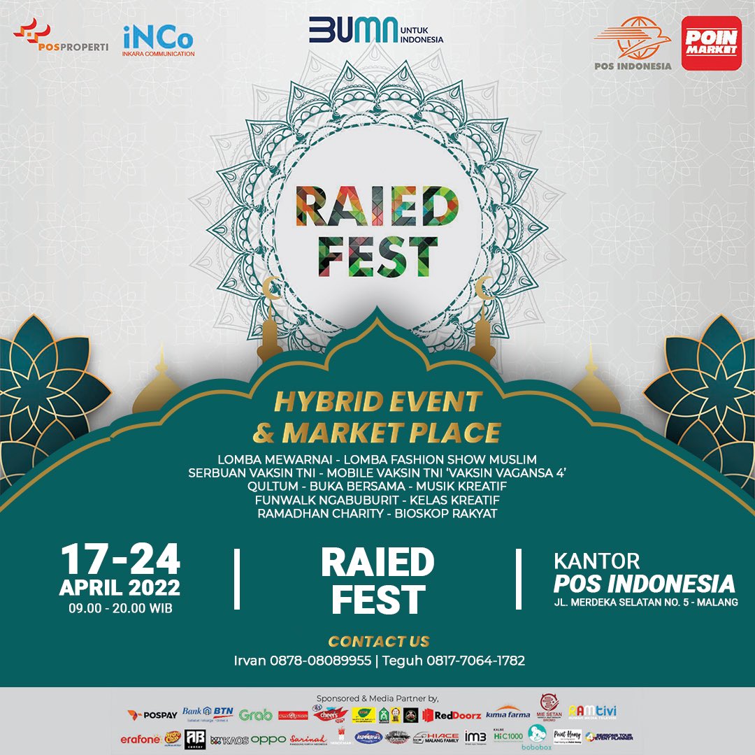 PosIndonesia's tweet photo. #RAIEDFAST2022 Event Point Market yang diadakan oleh Pos Indonesia di kota Malang dan berlolaso di Kantor Pos Malang alun-alun. Selain itu ada lomba menarik seperti lomba mewarnai, lomba fashion muslim, dan lainnya #PosIndonesia #PosProperti https://t.co/FRjFSp9Zl3