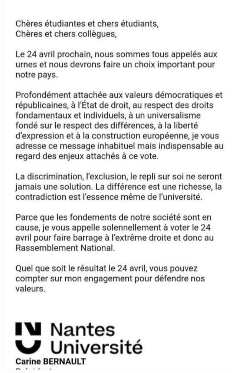 dupontaignan's tweet photo. La dérive des présidents d'Universités se poursuit avec l'appel de Carine Bernault, Présidente de l'Université de Nantes, à voter contre Marine le Pen... 

@VidalFrederique, toujours pas de sanction pour ce manquement grave à la neutralité de l'enseignement supérieur ? https://t.co/qUYfga0scu