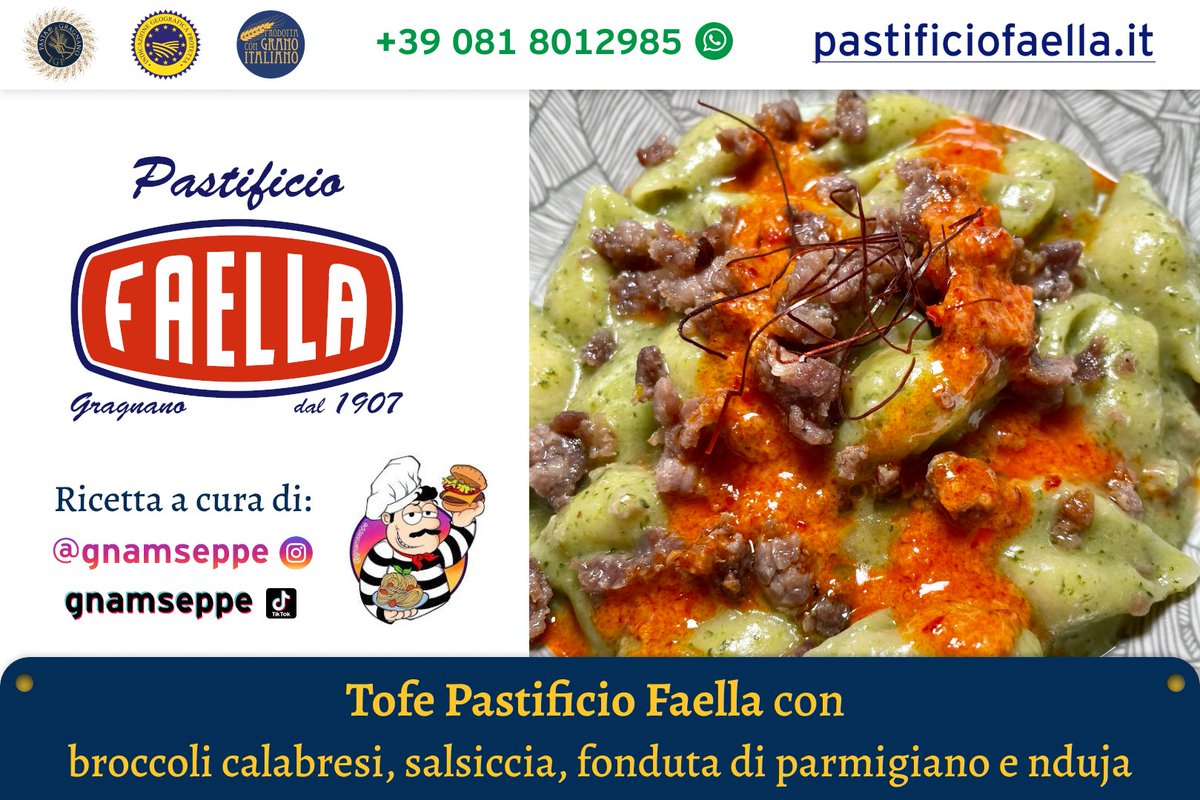Puoi acquistare la #PastaDiGragnanoIGP sul nostro sito web: pastificiofaella.it

#Ricetta a cura del nostro amico @gnamseppe:

Ingredienti per 2-3 persone: 
• 1 broccolo calabrese
• 250g di salsiccia 
• 100ml di panna 
• 50g di parmigiano 
• 1 cucchiaino di nduja😋