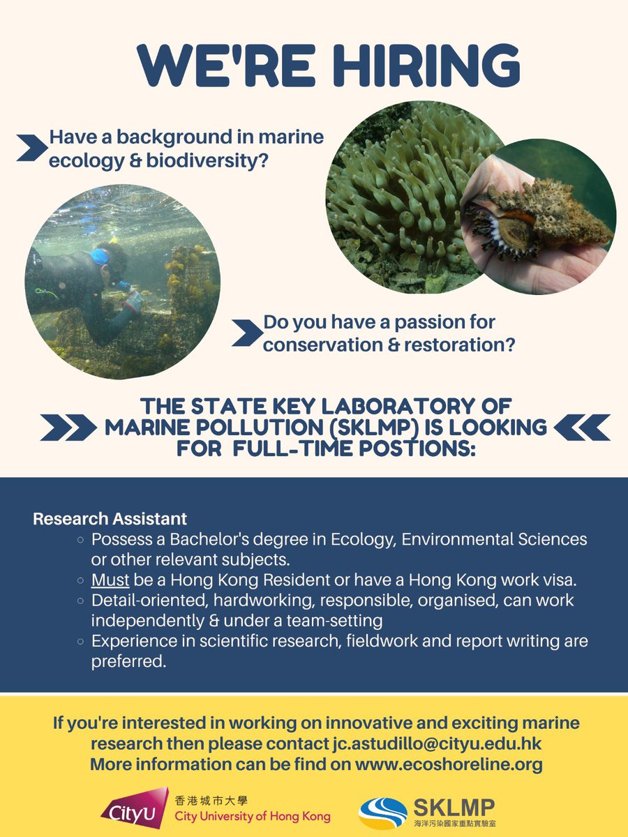 ecoshoreline's tweet photo. Passionate about #hongkong’s environment and want to make a real impact?
We need you! We've some new projects on #ecoengineering and #biodiversity. Come join us!
Send your cv to jc.astudillo@cityu.edu.hk if interested.

#MarineJob #RA #Job #Opportunities https://t.co/MYNIBxRfd9