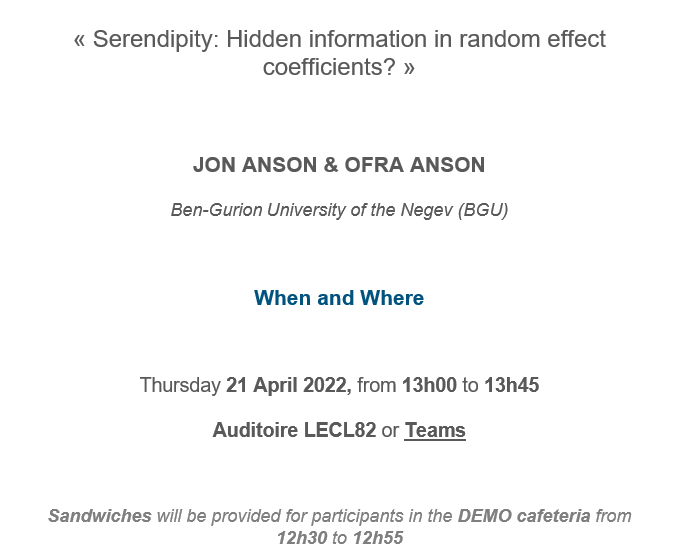 DemographieLLN's tweet photo. Save the date : Midi de la Recherche!
Jon Anson & Ofra Anson @bengurionu will give a presentation entitled "Serendipity: hidden information in #randomeffect coefficients"
π Thur. April 21st, 1pm
π«Lecl 82 ; Teams (https://t.co/ywrLCLOvqP)
#poptwitter #Statistics #lunchseminar https://t.co/WGiFreBQOx