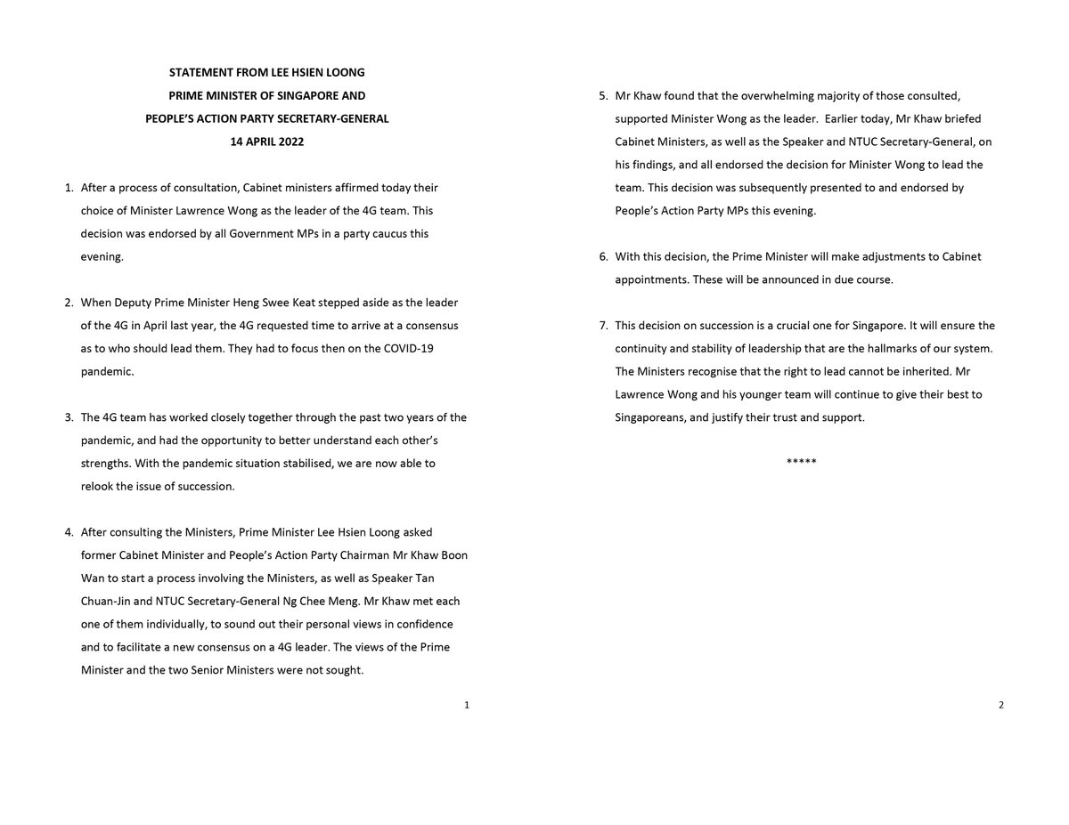 The ministers have chosen <a href="/LawrenceWongST/">Lawrence Wong</a> as the new leader of the 4G team. This decision is a crucial one for Singapore. I have every confidence that Lawrence and his team will continue to give their best for Singapore and Singaporeans. – LHL go.gov.sg/3zw34l