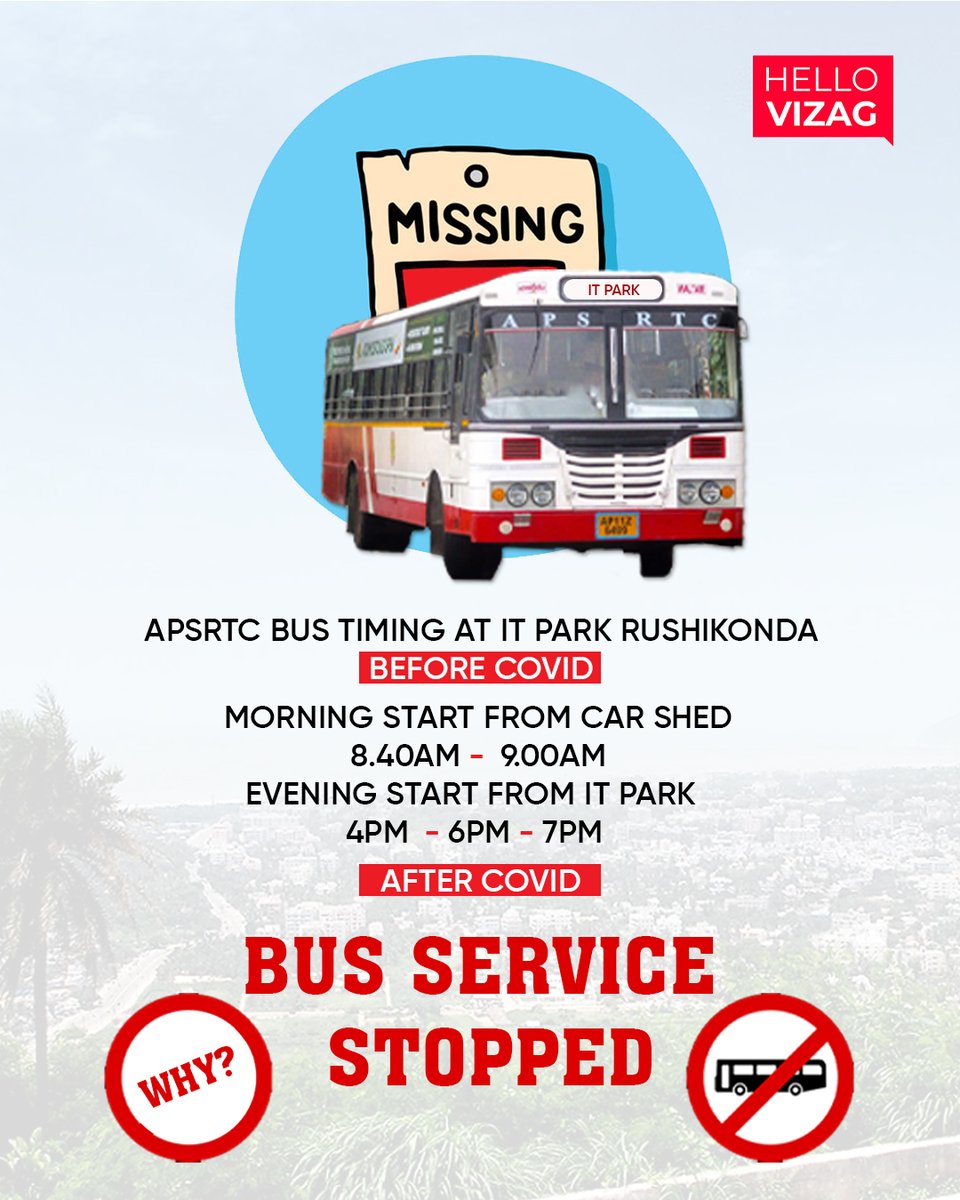 HelloVizag's tweet image. Let&apos;s all stand together to get back the functioning of APSRTC Bus services to the IT Park. Tag all you&apos;re friends who go to IT Sez daily. 
.
.
.
 #APTransportMinister  #APTransport  #vizag #hellovizag @ysjagan @apsrtc @gudivadaamar @AP_Transport @mouritech @UttarandhraNow
