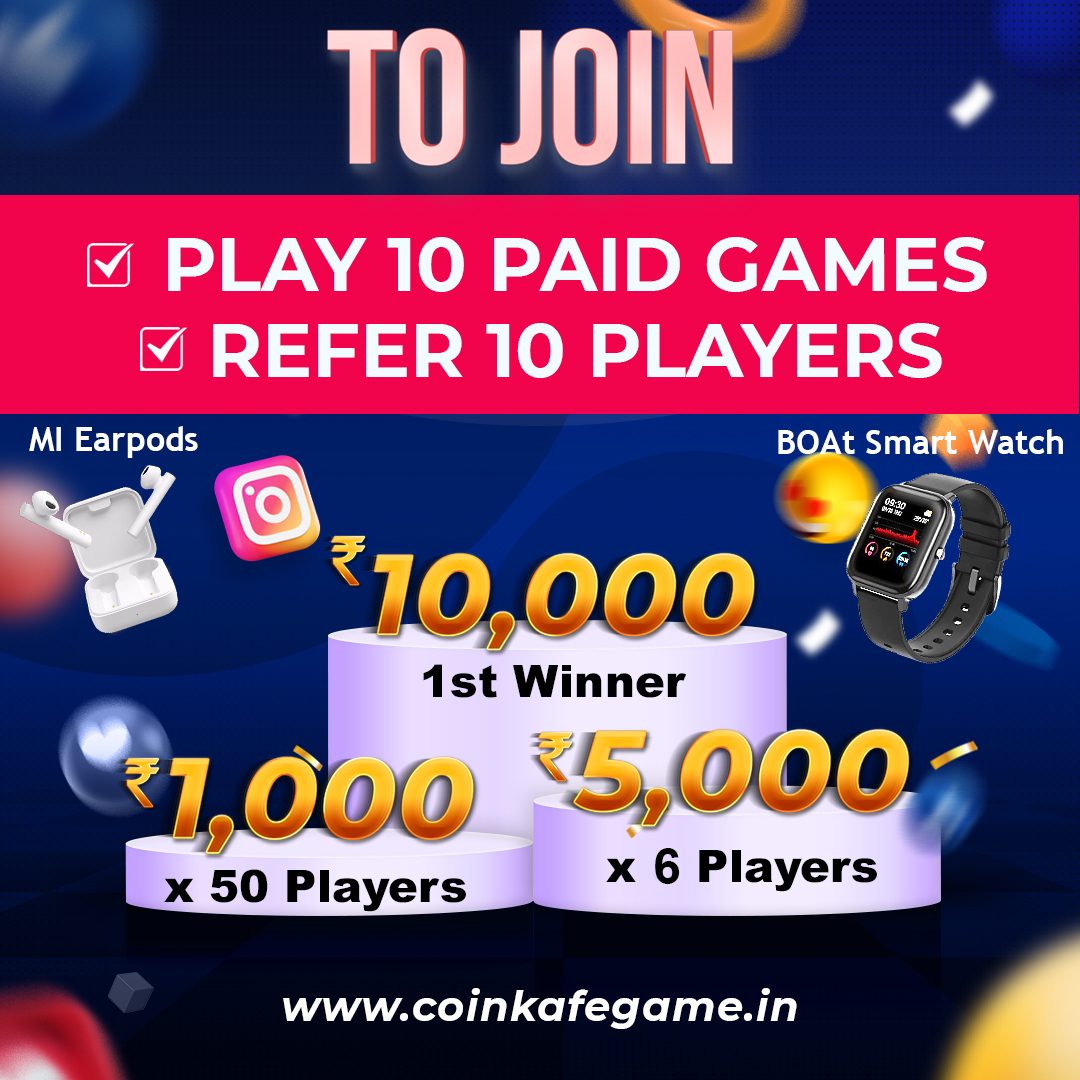 CoinKafeGame's tweet photo. BUMPER JACKPOT MONTH
Win upto 1 lakh rupees.
1st Prize Winner will get 10,000 Rupees
2nd to 7th Prize Winners Will get 5000 rupees each
8th to 58th Prize Winners will get 1000 rupees each.
59th Prize Winner will get boAt Watch and 60th Prize Winner will get MI Earphones. https://t.co/Mw0fTtzp3e