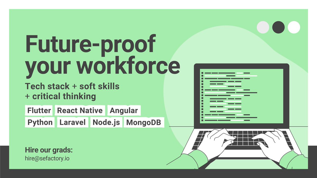 Hiring tech talent is not just about technical knowhow. Through our program students are prepared for the real job market and trained in critical thinking and soft skills. Hire our tech grads by joining our network. #techtalent #SEFactory #techbootcamp #hiretech #techgrads