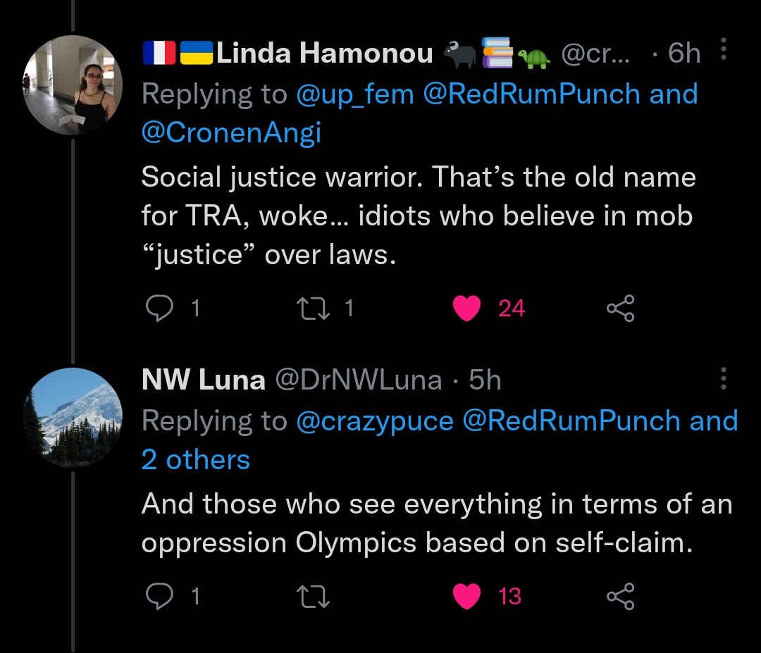 RedRumPunch's tweet photo. @MikeIona These two comments have defined it pretty well. They mean well but end up bullying and cancelling people for not being extremely pure. A good example is what happened in the knitting world: https://t.co/jmUFzLlJ5G https://t.co/2z1XtHqW97