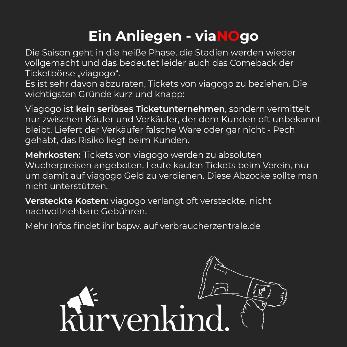 kurvenkindshirt's tweet photo. Das Thema ist schon älter, aktuell feiert es Comeback. Deshalb unser Aufruf, diese Masche nicht zu unterstützen. Kauft direkt beim Verein, bei seriösen Ticketverkäufern oder guckt zur Not in der Kneipe. 

#kurvenkind #viaNOgo #viagogo https://t.co/BhqeuKff0k