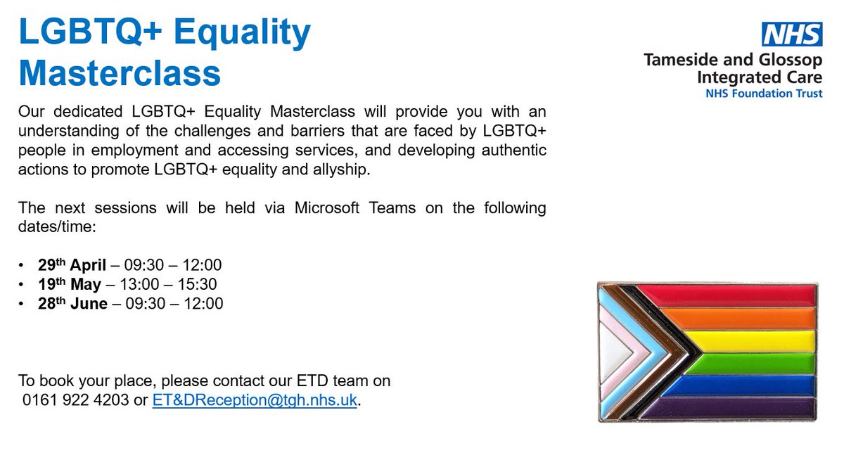 TGICFT_ColExp's tweet photo. #TrainingOpp #LGBTQ
We will be running dedicated LGBTQ+ Masterclasses to provide our staff with an understanding of the challenges and barriers that are faced by LGBTQ+ people in employment and in accessing services, and developing authentic actions to promote LGBTQ+ equality. https://t.co/tDpcxgdPST