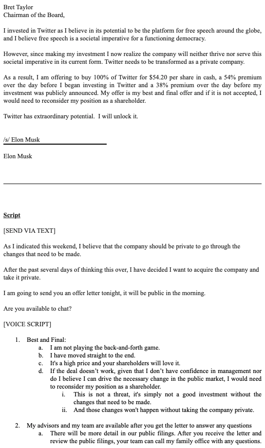 JoePompliano's tweet photo. Quotes from Elon's filing:

"Twitter needs to be transformed as a private company."

"I don’t have confidence in management nor believe I can drive the necessary change in the public market."

"I am not playing the back-and-forth game...my offer is best and final."

Full text 👇 https://t.co/WRdyMbNCeq