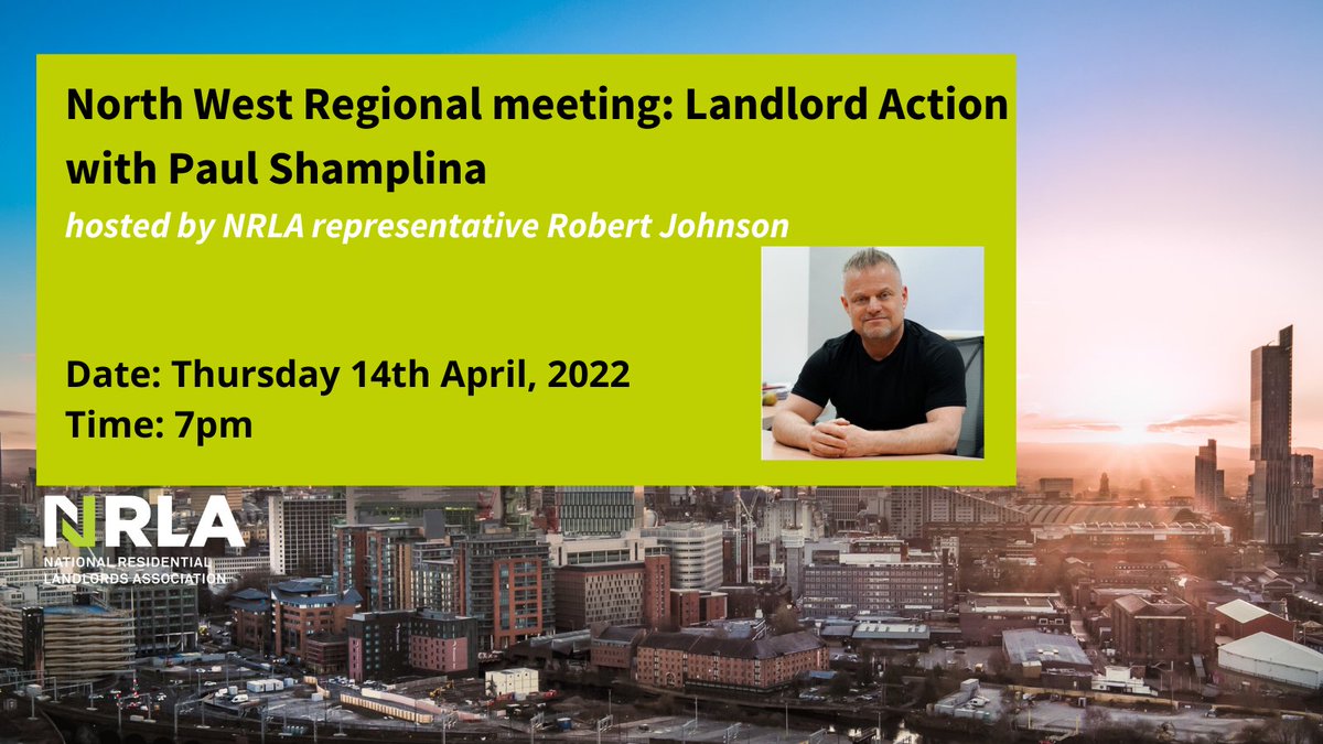 📢 Calling all #NorthWest England landlords. Our next online regional meeting takes place this evening. 

We're delighted to be joined by guest <a href="/PaulShamplina/">Paul Shamplina</a> of <a href="/LandlordAction/">Landlord Action</a>. Paul will discuss #redress the courts and more. 

Not to be missed! Register: nrla.org.uk/events/meeting…