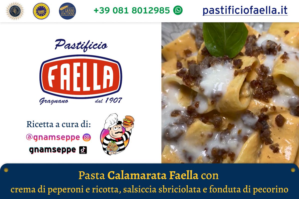 Puoi acquistare la #PastaDiGragnanoIGP sul nostro sito web: pastificiofaella.it

#Ricetta a cura del nostro amico @gnamseppe:

Ingredienti per 4-5 persone: 
• 1 Peperone rosso grande 
• 200g ricotta
• 120g pecorino 
• 300g salsiccia
• Olio, cipolla, basilico q.b.