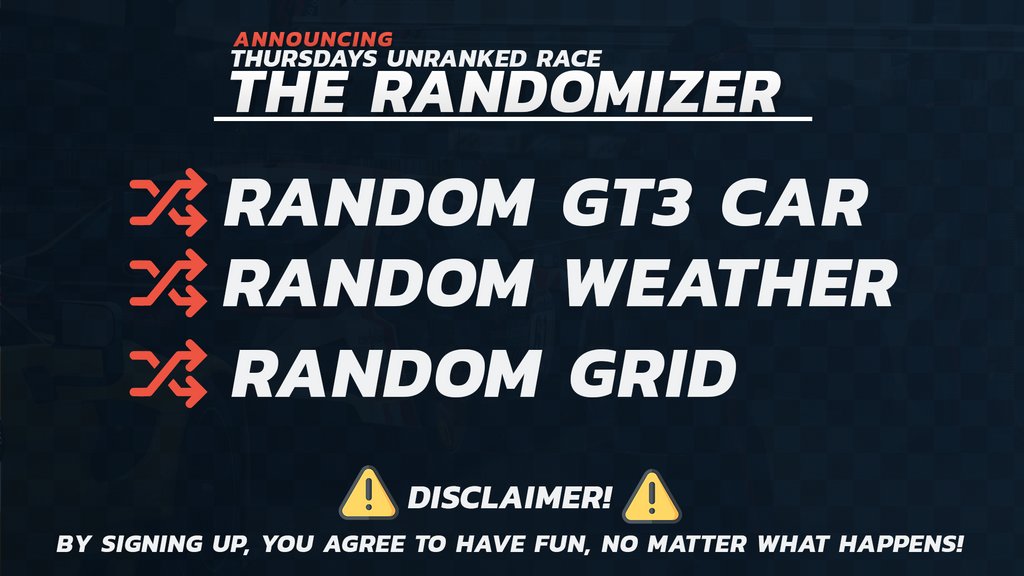 PitSkillio's tweet photo. It's Thursday! That means it's randomizer day 👀

What is today's randomizer race?
We will be at Spa, when you register we will randomize your gt3 car. Both the grid AND weather will be randomized as well

Want more information?
Find out at https://t.co/HsiSMWlNKi
#raceTPC #beACC https://t.co/I2R8w0JxZu
