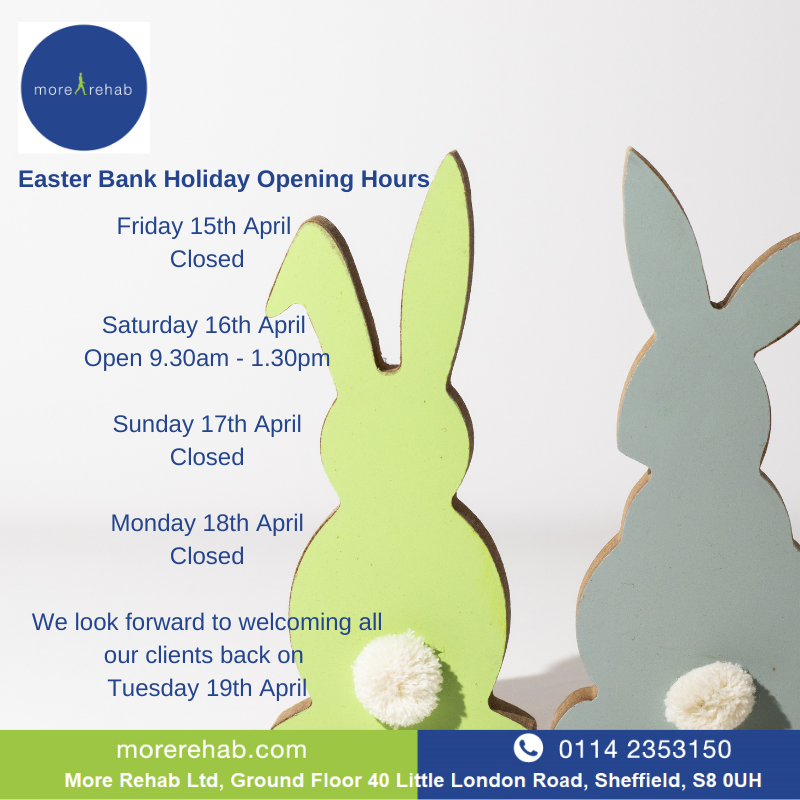 MoreRehab's tweet photo. Our Bank Holiday opening hours.
We still have availability on Saturday in our #Sheffield clinic.

Its easy to use our online booking system.

https://t.co/b3DqX24Sfx https://t.co/TkVYdQfNS6