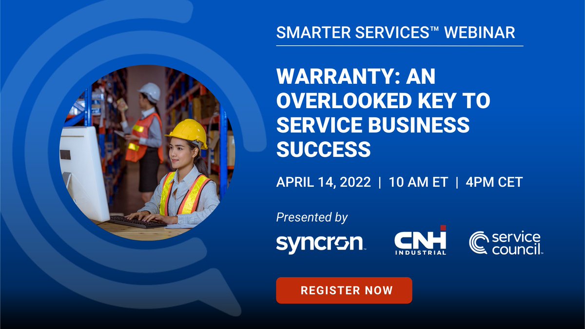 tservicecouncil's tweet photo. Are you maximizing your warranty revenue? Join @CNHIndustrial, @SyncronSCM and the Service Council TODAY at 10AM EDT (4PM CET) for "Warranty: An Overlooked Key to Business Success". Register here: https://t.co/esRbfLTveY https://t.co/M1xpORf7gm