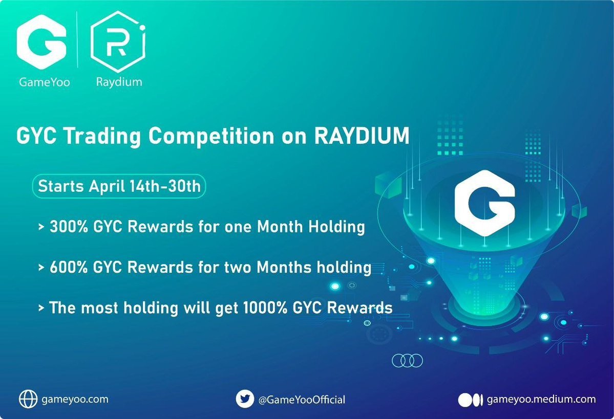 ‼️#GYC  Trading Competition on Raydium‼️ 

💪Rules and Benefits: bit.ly/3xwBgH0

💪Fill out this form to participate: forms.gle/PcS1DMDzYH135b…