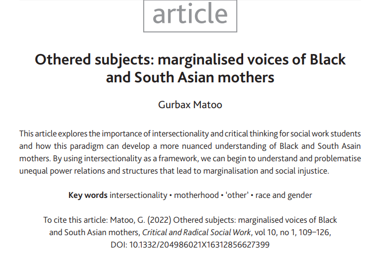 Do you want to learn more about the importance of #Intersectionality in #SocialWork? ❤️💡 #SocialJustice #SocialWorkTwitter @SWCARES2 @DoinTheWorkPod Read Gurbax Matoo's paper for🌟FREE🌟 here ⬇️ doi.org/10.1332/204986…