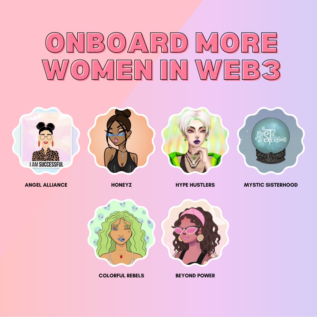 BeyondPowerNFT's tweet photo. Join in us in brainstorming ideas on how to onboard more women in Web3! Today at 3:30pm ET! 

We’ll be talking to: 
@angelallianceth 
@HoneyzNft 
@HypeHustlersNFT 
@MysticSisNFT 

Co-host: @colorfulrebels 

See you there frens 🥂

https://t.co/TPCGAWJmC5 https://t.co/KbawYVzAfH