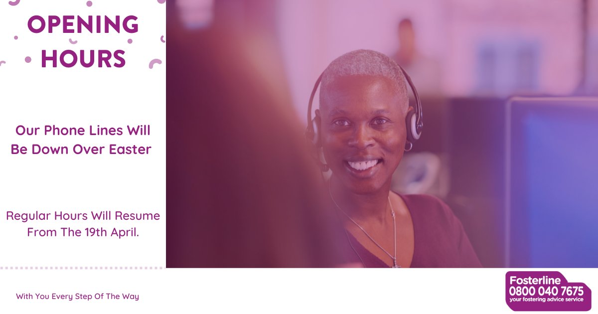 FosterlineGov's tweet photo. Our phone lines will be down over Easter weekend but will be back to normal from the 19th. You can still access our website and even request a call back for when operating hours resume https://t.co/gyEN6Q2mxv
We hope you all have a great #Easter2022 ๐
#Fosterline #Fostering https://t.co/7Tdhemchq7
