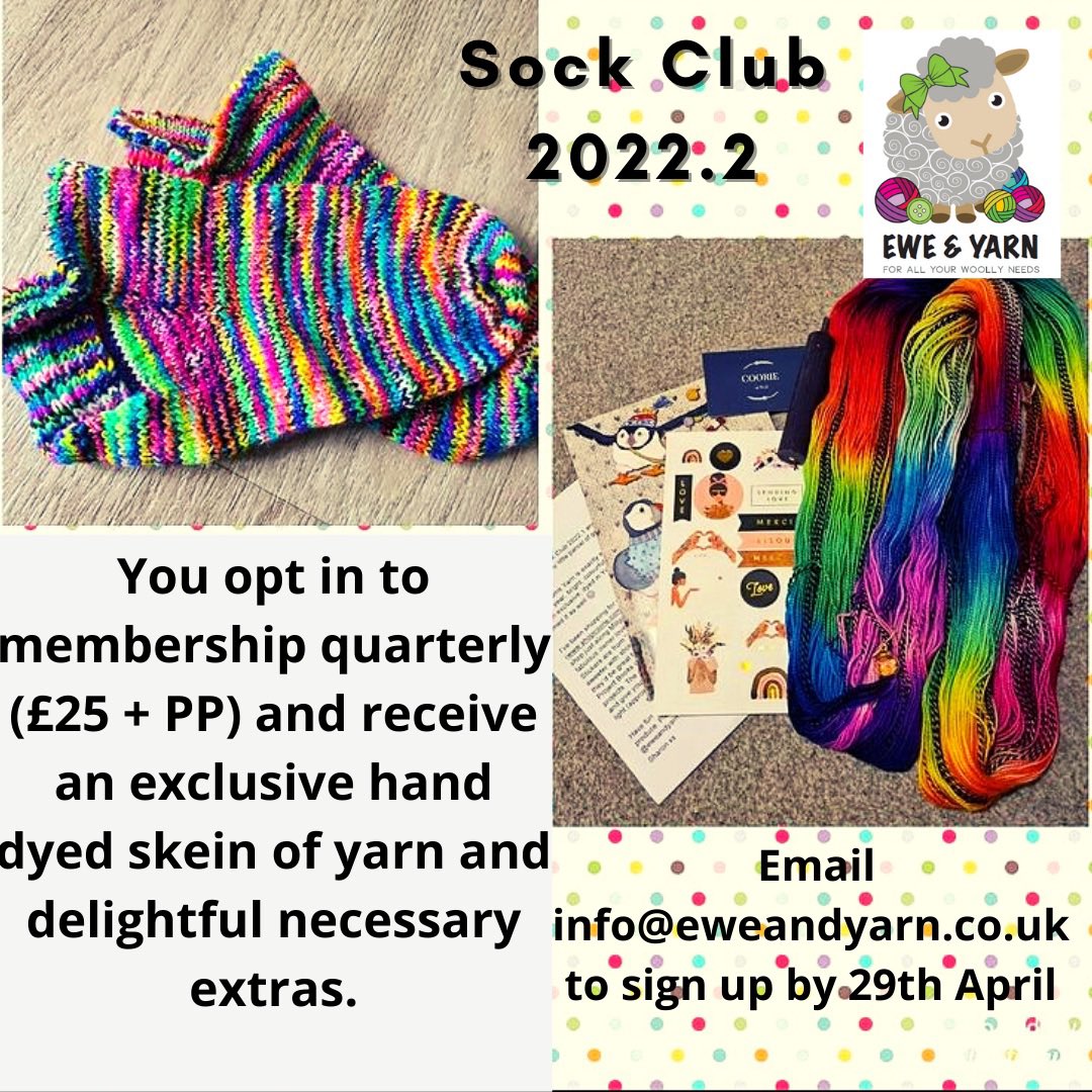 Sock Club is back with the amazing unique dying skills of <a href="/ThirdVaultYarns/">Lola | Dice Goblin for a Free World</a> creating a skein for you. Her inspiration comes from the world of Sci-Fi and Fantasy books, TV and board games. Email info@eweandyarn.co.uk if you want in this round of Sock Club before April 29th