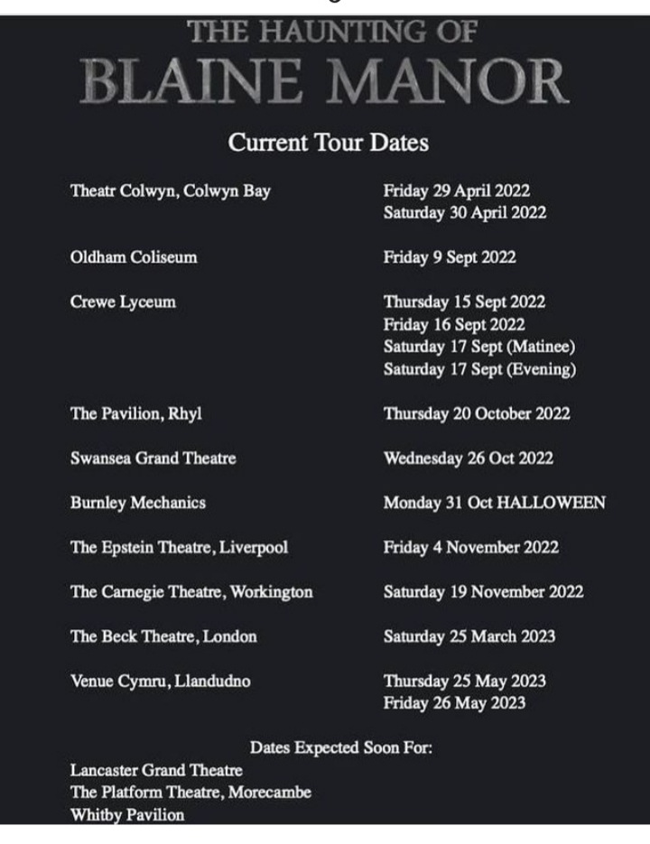 RandyTempest's tweet photo. #TheHauntingofBlaineManor๐ป๐
Coming to...
@TheatrColwyn
@OldhamColiseum
@CreweLyceum
@RHYLPAVILION
@SwanseaGrand
@Bly_Mechanics
@EpsteinTheatre
@CarnegieTheatre
@BeckTheatre
More dates tba! @WhatsOnStage @network_actor #actorslife #UKtour #supportliveevents #dontmissit https://t.co/YMtb5yshar