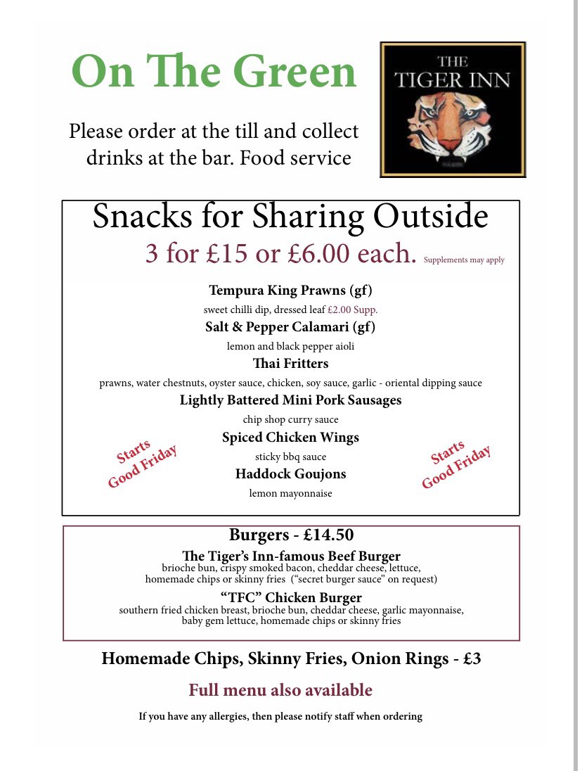 The_Tiger_Inn's tweet photo. Introducing our new
🌿ON THE GREEN MENU🌿
Enjoy sharing snacks outside in the (fingers crossed) sunshine! 🌞 
3 starter dishes for £15 or £6 each. Don’t forget our Inn-Famous burger or TFC Chicken burger too!Perfect with a pint on the Green!Starts tomorrow🐯
#tigerinnconeythorpe https://t.co/WlFJvIlfJk