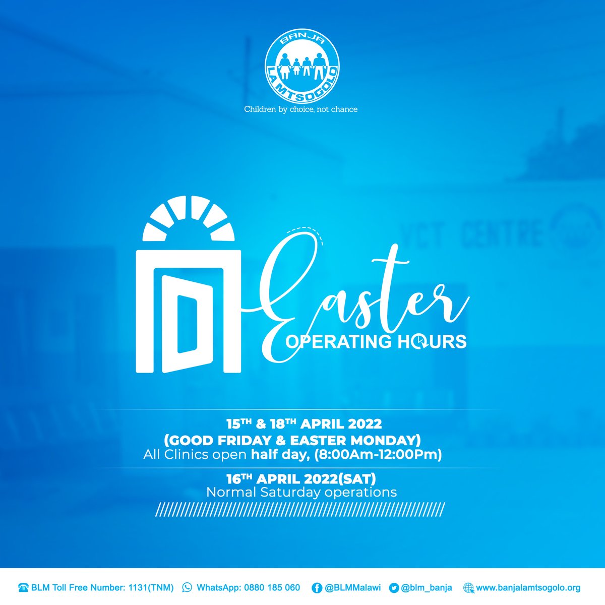 blm_banja's tweet photo. We wish a happy Easter. To provide you reproductive healthcare  and general medical service, our clinics will remain open as follows: https://t.co/LfX93YHM0p