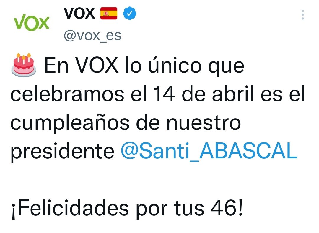 Y hoy Santiago Abascal ya suma 46 años sin dar palo al agua viviendo de dinero público.

Salud y República, y que se te atragante la fecha 
❤️💛💜
#14Abril