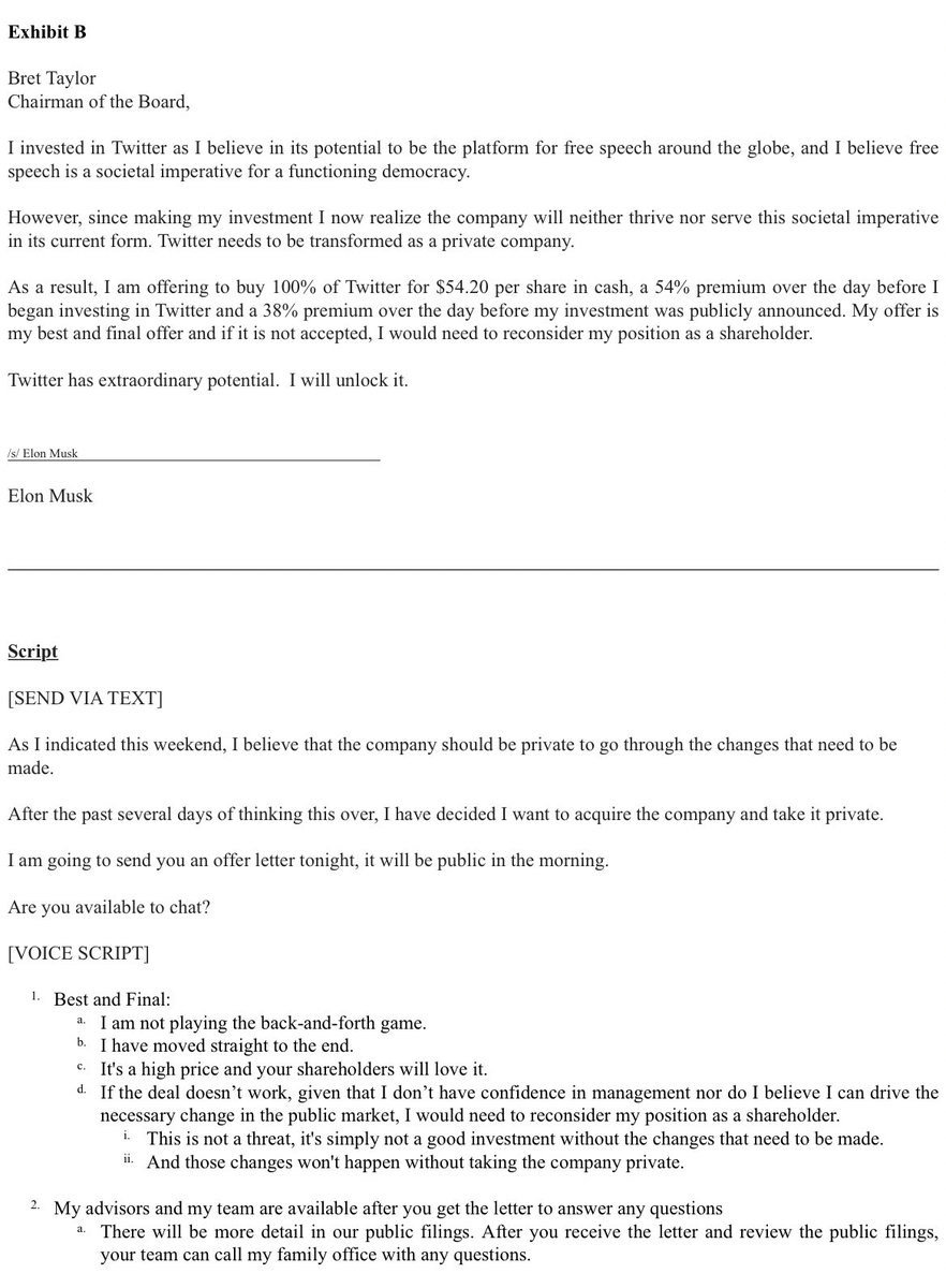 <a href="/elonmusk/">Elon Musk</a> Here is the offer presented by Elon Musk to Twitter's board of directors

h/t: <a href="/disclosetv/">Disclose.tv</a>