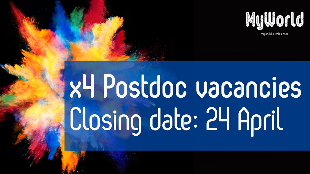 📢4x #Postdoc vacancies available up until 24 April.

If you're interested in joining the West of England's R&amp;D engine, MyWorld, in expanding Bristol and Bath's #creative cluster this #opportunity is for you!

See the website for details: bit.ly/37NQr3E
