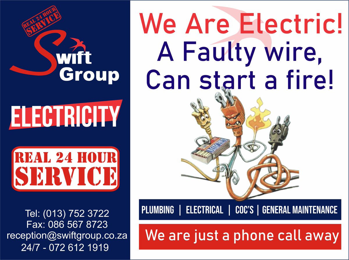 SwiftGroupPTY's tweet photo. Don't be shocked when our electricians turn up on time! 
https://t.co/VjSSfuoEuA 
#swiftgroup #plumbing #plumber #geysers #construction #nelspruit #maintenance #worldplumbers #draincleaning #boreholepumps #electrician #plumbingrepair #contractor #construction #maintenance https://t.co/9X9ZgZ8uR2