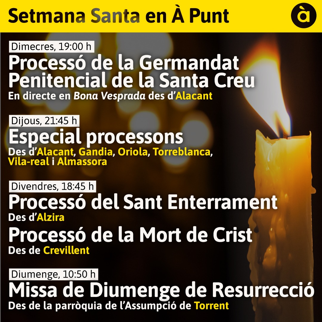 apunt_media's tweet photo. ✝️Retransmissions de #DijousSant:

➡️Sant Sopar des d’Alacant
➡️Acte de les últimes mirades de Gandia
➡️Processó de la Germandat del Silenci d'Oriola
➡️La Passió de Torreblanca
➡️Tambors de passió des d'Almassora
➡️#LaquimaVere de Vila-real (en diferit)

🎙️@ferrancano 
🕖21:45 h https://t.co/oKOScndgWv