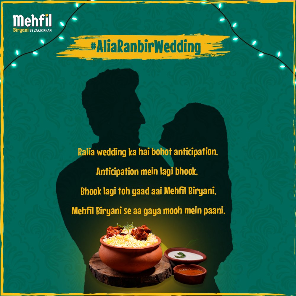 Kijiye most awaited wedding ka celebration Mehfil Biryani ke saath!

Enjoy 60% off on ordering any #MehfilBiryani (TCA*)

Delivering now in 30+ cities. Order on BigSpoon app, also available on Swiggy &amp; Zomato (link in bio) #BiryaniMubarak

#mehfil   #ranbiraliawedding #Ralia