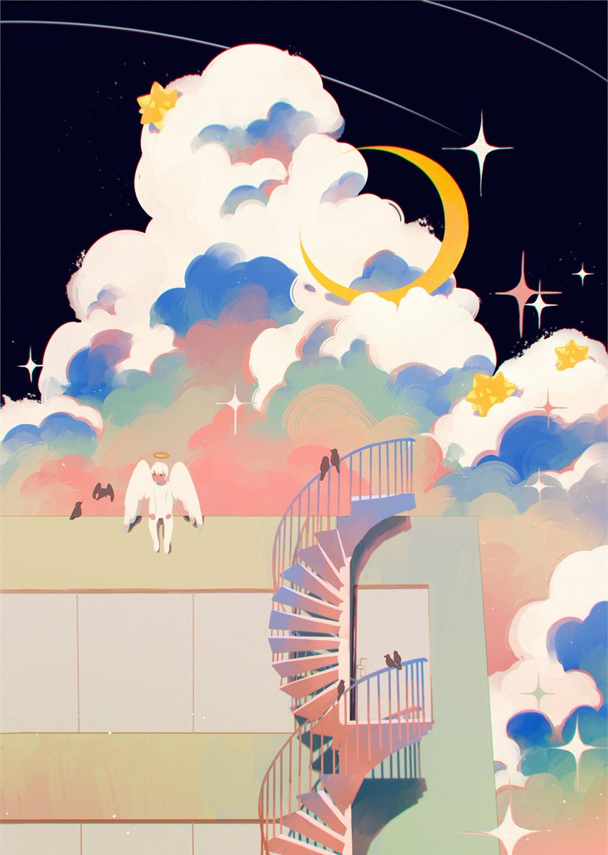 crescent moon moon cloud sky wings sitting sparkle  illustration images