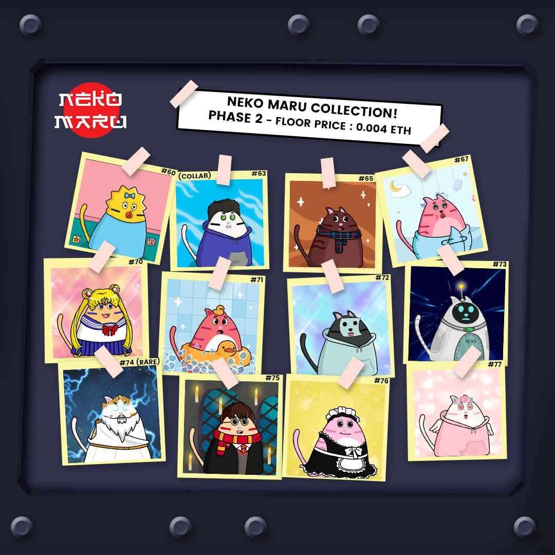 Hi #NFTCommunity 
Neko Maru Collection Update (Phase 2) 🔥😻

💰Floor Price: 0.004 $ETH (Gas Free)
😻52 Owners 
📈Volume Traded 0.2 $ETH
🐱75/100 Neko listed (PHASE1 - PHASE2) 
🐈1/1 Hand Drawn

Let's to adopt and collect ✨
opensea.io/collection/nek… 

#NFTCollector #NFT #NFTJapan