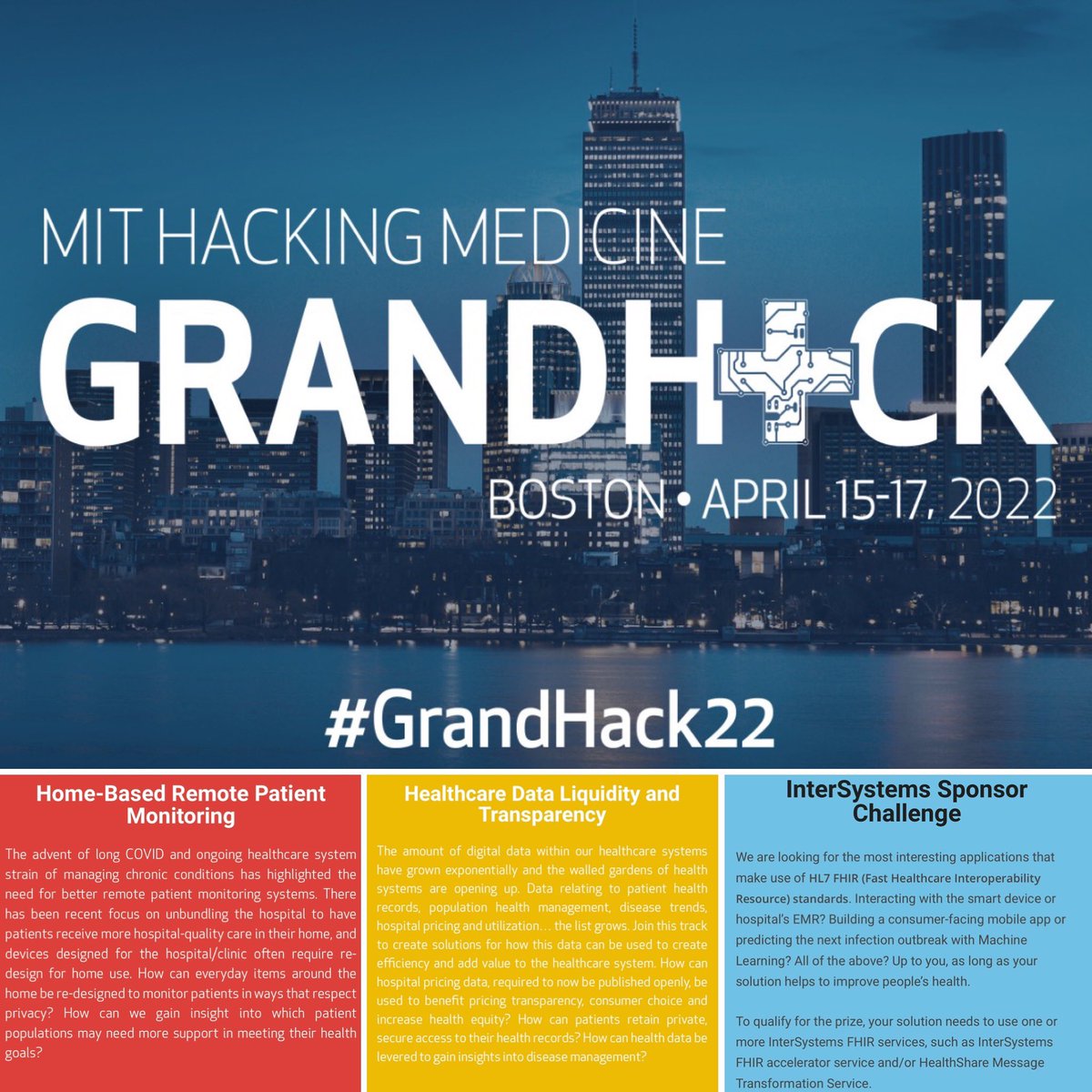 So excited that <a href="/mithackmed/">MIT Hacking Medicine</a> #GrandHack22 is here!

Our 1st #GrandHack back in person since Fall 2019! Can’t wait to see genesis of new #healthcare #startups this weekend! Kicking off tomorrow night! DM me if you’ll be there!

grandhack.mit.edu/boston/

#health #medicine #innovation