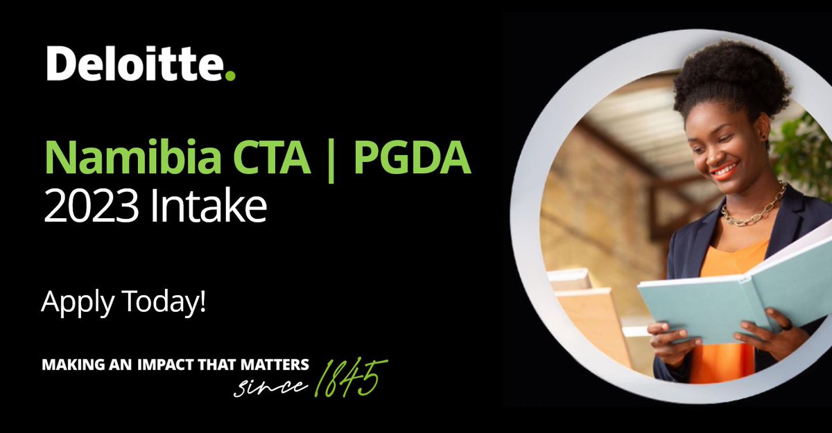 deloittenamibia's tweet photo. Are you looking for a firm to complete your Training Contract? Do you know anyone who will be keen to join us in 2023?
Apply at https://t.co/XHdz0MY3TC #impactthatmatters #joindeloitte #BeInvincible https://t.co/GjSc6Fxg9k