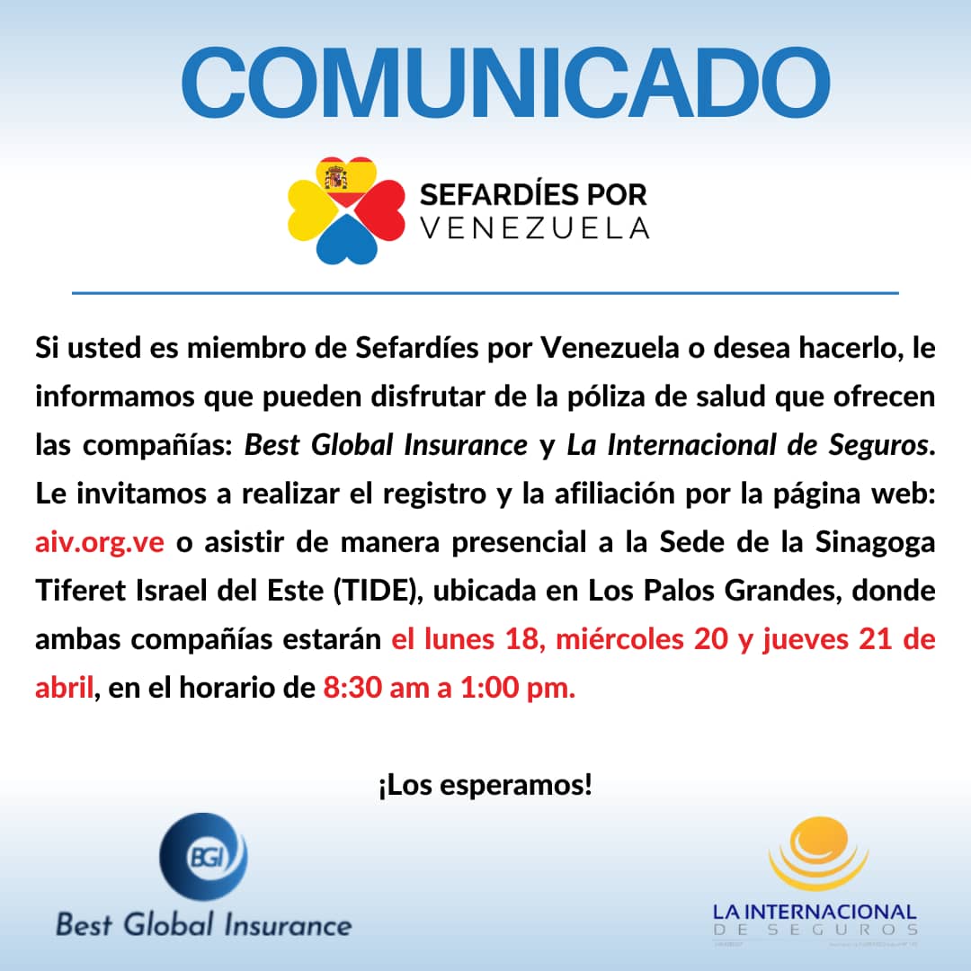 ConsEspCaracas's tweet photo. Difundimos el siguiente comunicado de Sefardíes por Venezuela, relativo a pólizas de seguros de salud para sus miembros👇

❗Recuerda que estas pólizas no son una prestación pública ni una iniciativa del Consulado, sino un proyecto de la sociedad civil 🇪🇦🇻🇪 https://t.co/o7TWUbGUKJ